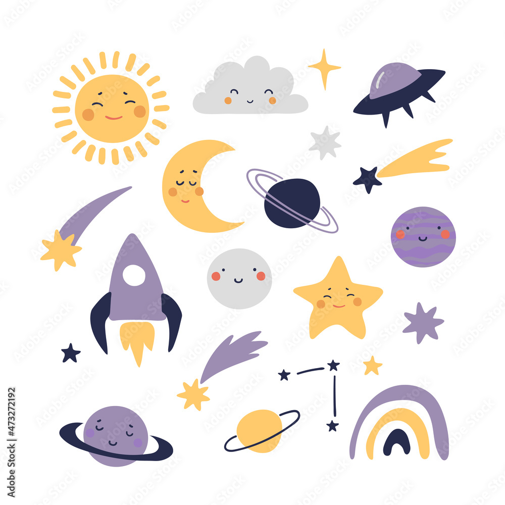 Naklejka premium Set of space elements for childish design, moon, sun, planets, rocket, flying saucer. Kawaii stickers for astronomy. Vector flat cartoon icons isolated on white background.