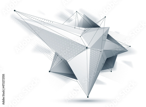 Low poly abstract form isolated on white, vector future shape design polygonal art, dimensional geometric dynamic tech theme, with mesh lines.