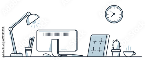 Place of work office table desk vector flat illustration isolated over white, work from home comfortable work space concept, empty chair nobody vacant job concept.