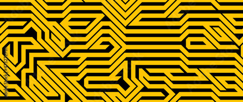 Tech style seamless linear pattern vector, circuit board lines endless background wallpaper image, black and yellow geometric design techno micro picture.