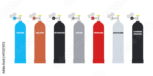 Cylinders with different types of liquid gas. Container balloon gas. Oxygen, helium, nitrogen, argon, propane, acetylene and carbon dioxide in different color package. Vector illustration
