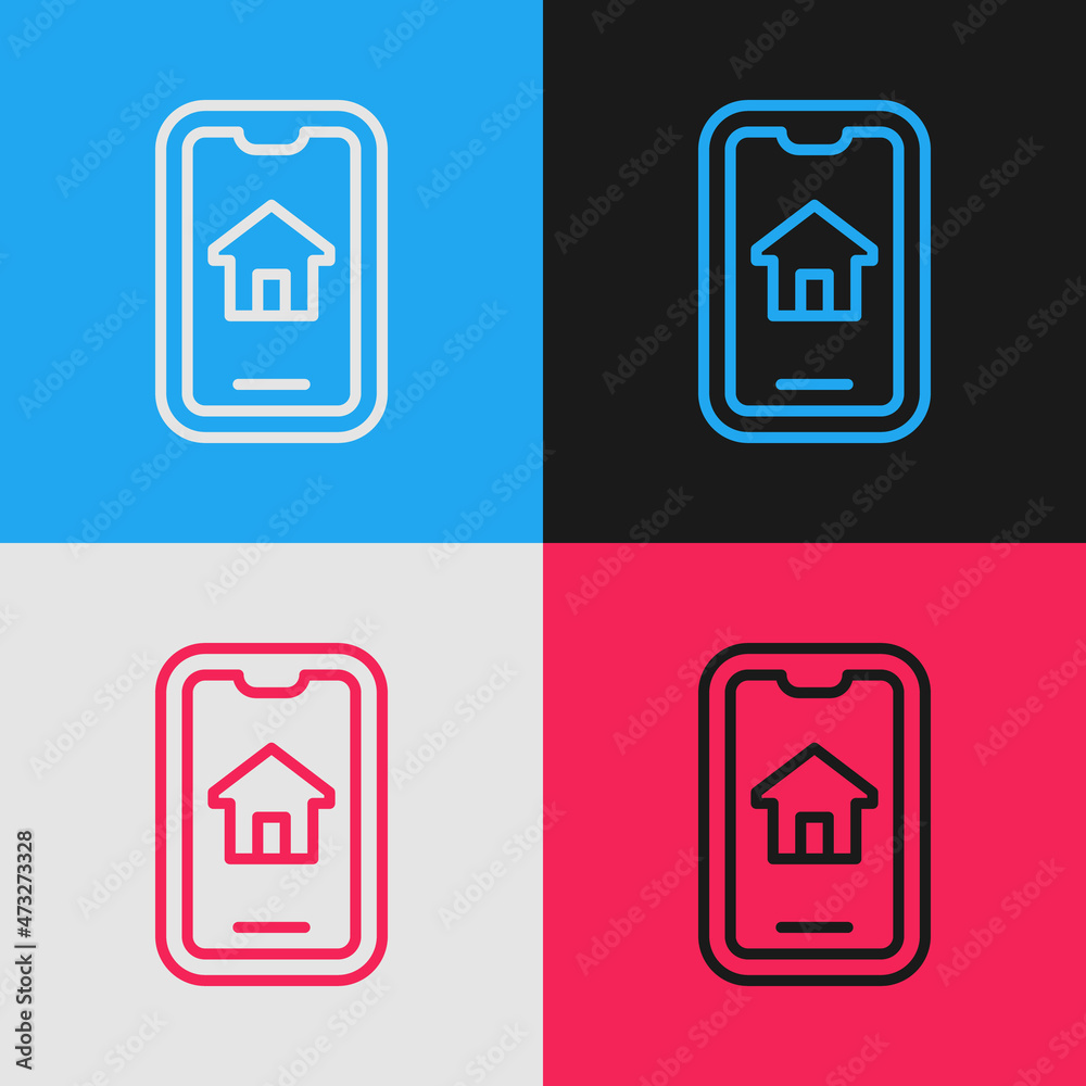 Pop art line Online real estate house on smartphone icon isolated on color background. Home loan concept, rent, buy, buying a property. Vector Pop art line Online real estate house on smartphone icon isolated on color background. Home loan concept, rent, buy, buying a property. Vector