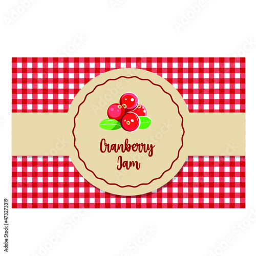 Jam label, cranberry, checkered label, vector, recipe, ingredient