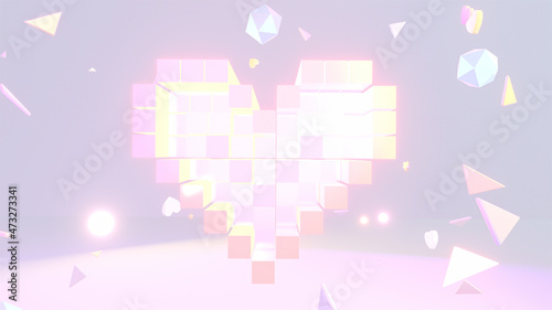 3d rendered glowing voxel heart and various geometric objects.