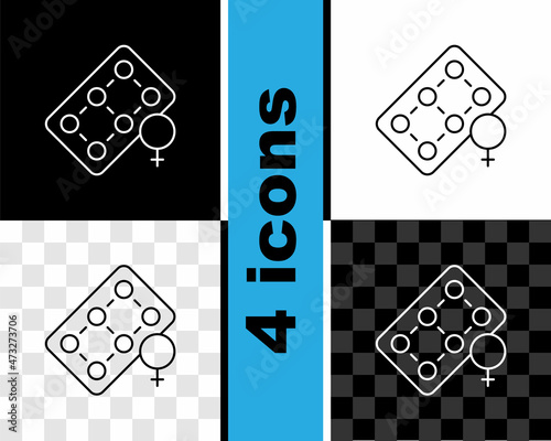 Set line Packaging of birth control pills icon isolated on black and white, transparent background. Contraceptive pill. Vector