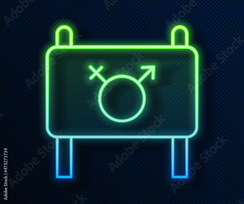 Glowing neon line Female movement, feminist activist with banner and placards icon isolated on blue background. Feminist rights movement, feminism sisterhood. Vector