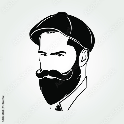 Bearded men in a Newsboy Cap. Hipster face icon isolated. Vector illustration photo