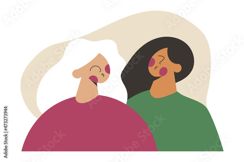 Portrait of adult daughter and elderly mother. Beautiful senior mom and her daughter. Family relationship flat vector cartoon illustration isolated on white background. Woman or mother day concept