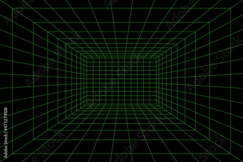 Fototapeta Naklejka Na Ścianę i Meble -  Grid room in perspective, vector illustration in 3d style. Indoor wireframe from green laser beam, template interior square, digital empty box. Abstract geometric design background