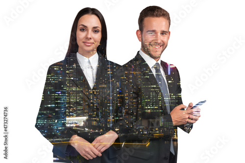 Attractive businesswoman and handsome businessman in suits using smartphone. Asia corporate lifestyle, communication of diverse young professionals. Night Singapore city view. Double exposure photo