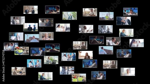 Multi screen business collage made of many different footages with business people working in office or outdoor. Technology, investment and teamwork concept.