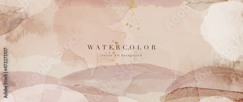 Watercolor art background vector. Wallpaper design with paint brush and gold line art. Earth tone blue, pink, ivory, beige watercolor Illustration for prints, wall art, cover and invitation cards.