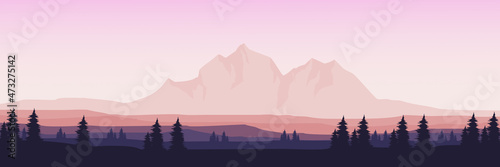 morning mountain landscape flat design vector illustration good for banner background, web background, apps background, tourism design template and adventure backdrop