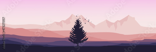 morning mountain landscape flat design vector illustration good for banner background, web background, apps background, tourism design template and adventure backdrop