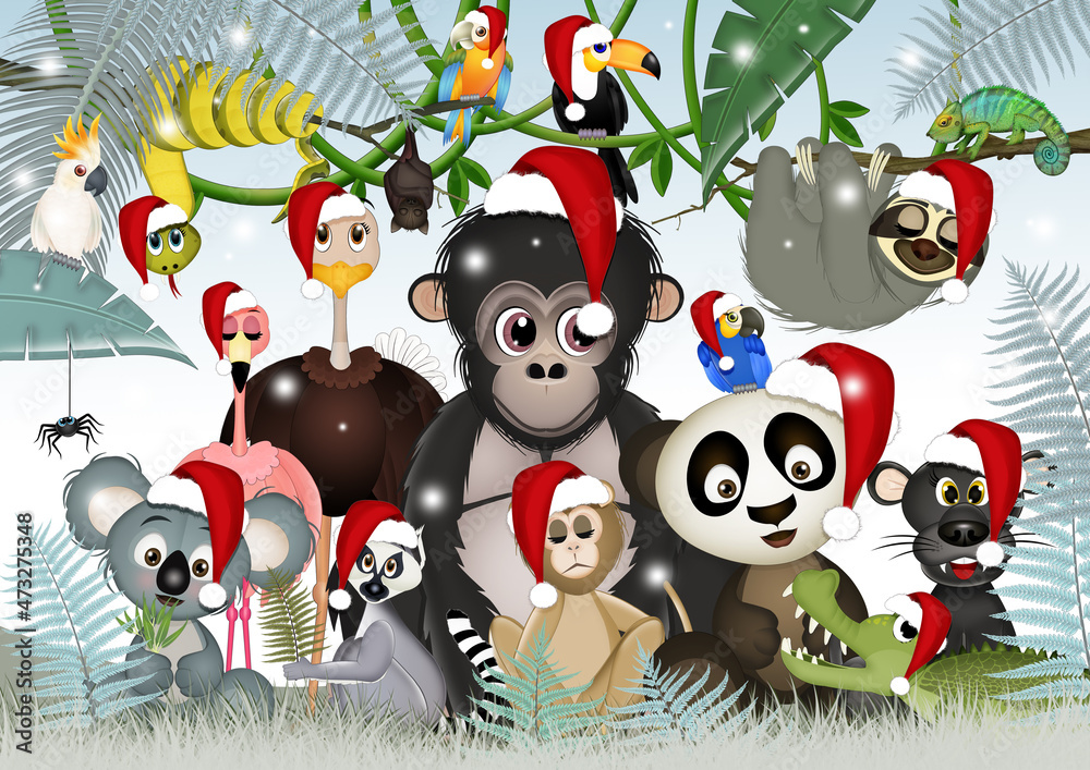 Naklejka premium illustration of tropical animals at Christmas
