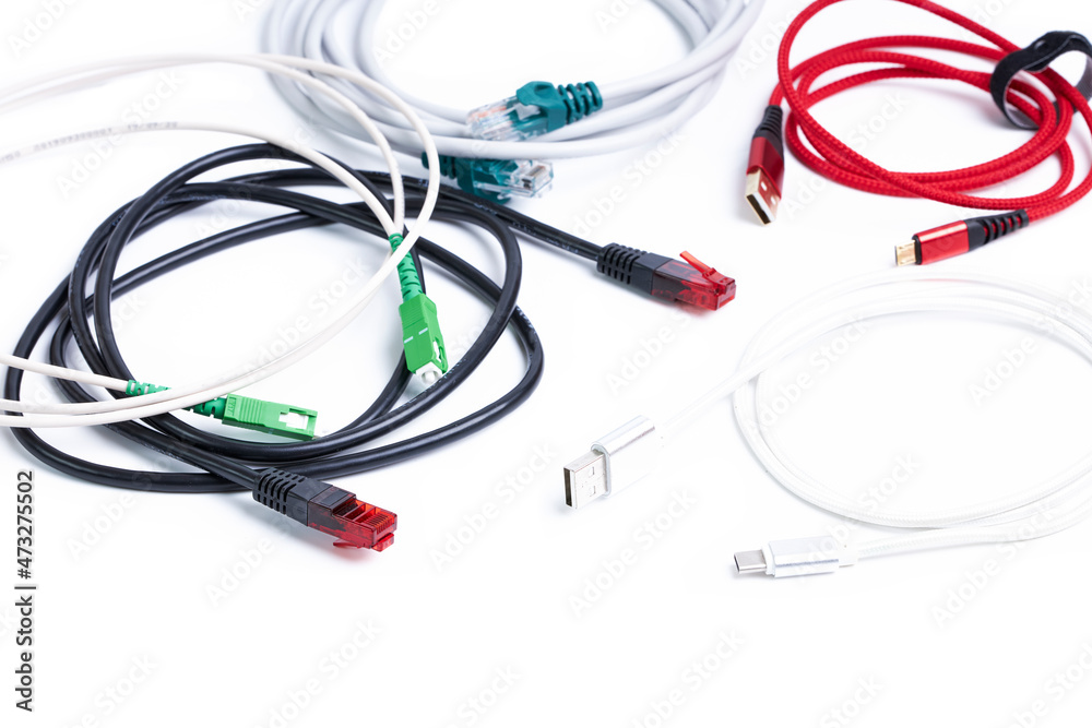 Ethernet cable lan internet wire data connection. Networking and communication, closeup view of ethernet cable plug connector Ethernet cable lan internet wire data connection. Networking and communication, closeup view of ethernet cable plug connector