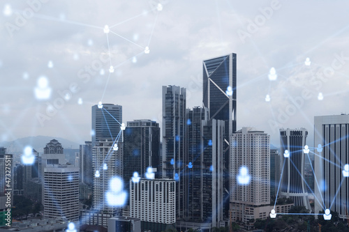 Photography Social media icons hologram over panorama city view of Kuala Lumpur, Malaysia, Asia