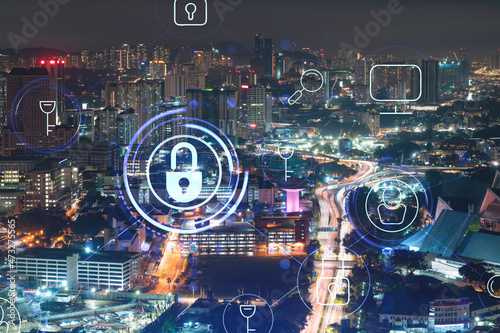 Canvas Print Glowing padlock hologram, night panoramic city view of Kuala Lumpur, Malaysia, Asia
