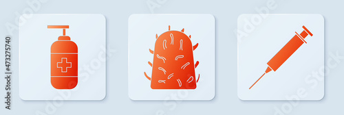 Set Rabies virus, Bottle of liquid antibacterial soap and Syringe. White square button. Vector