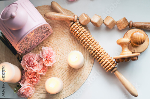 Wooden massage rollers. Massage equipment of a spa centre