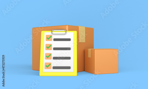 3d rendering illustration shipping boxes delivery with crane board and paper document list done on blue background