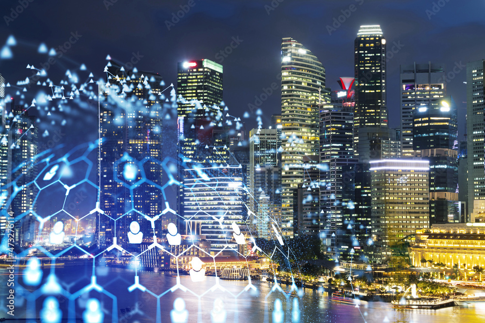 Glowing Social media icons on night panoramic city view of Singapore, Asia. The concept of networking and establishing new connections between people in businesses. Double exposure.