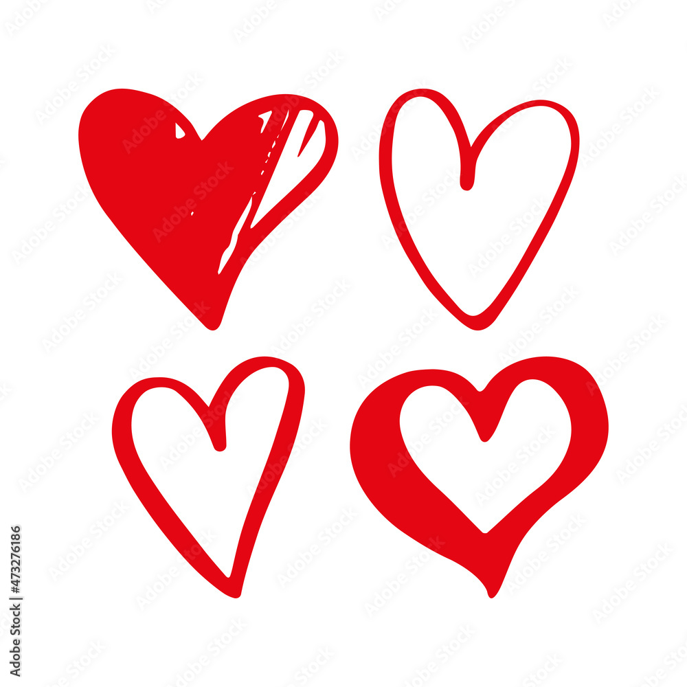 Hand drawn red hearts. Design elements for Valentine's day. Ink and brush. Vector illustration. Flat