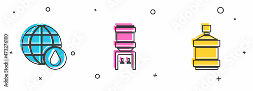 Set Earth planet in water drop, Water cooler and Big bottle with clean icon. Vector