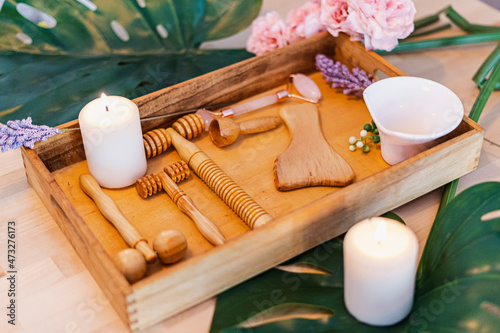 Wooden massage rollers. Massage equipment of a spa centre