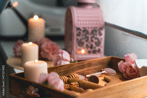 Wooden massage rollers. Massage equipment of a spa centre