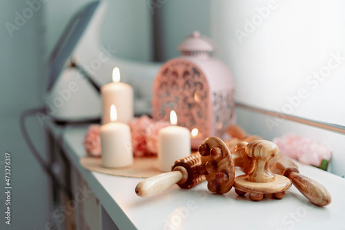 Wooden massage rollers. Massage equipment of a spa centre