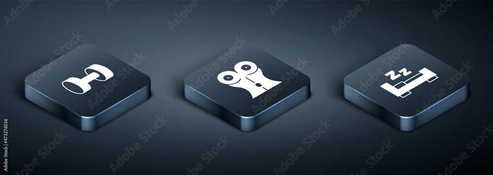 Set Isometric Dumbbell, Time to sleep and Women waist icon. Vector Set Isometric Dumbbell, Time to sleep and Women waist icon. Vector