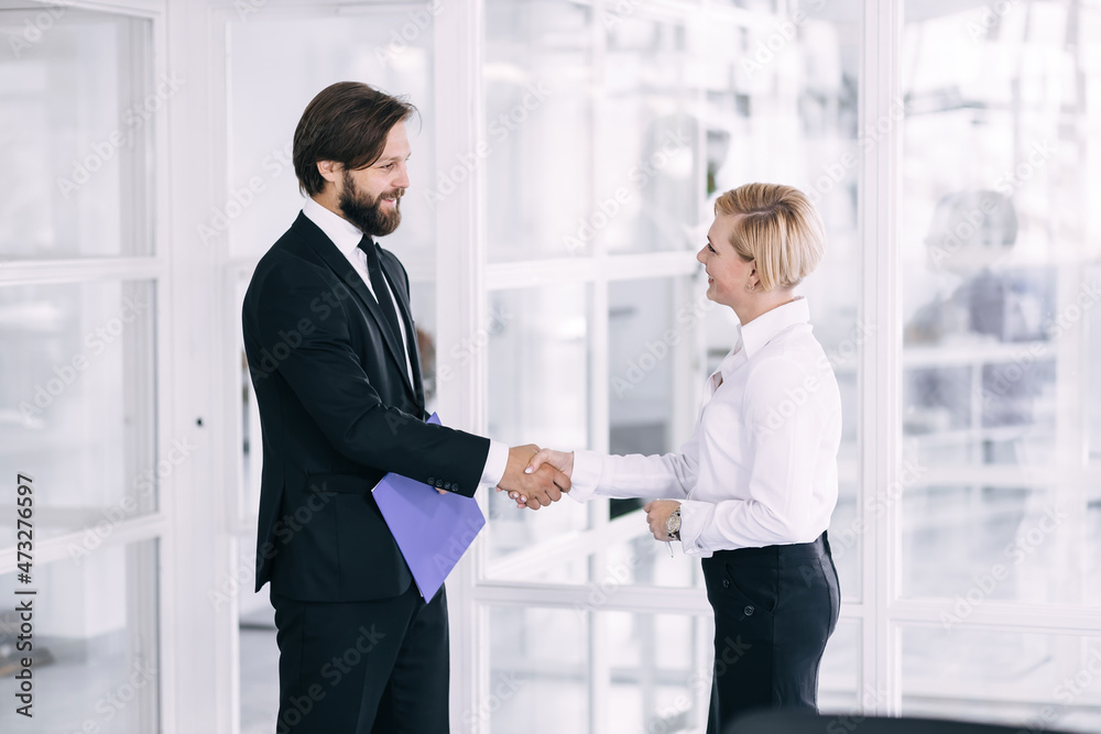 businessman shaking hands with his female partner celebrating su businessman shaking hands with his female partner celebrating su