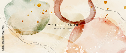 Watercolor art background vector. Wallpaper design with paint brush and gold line art. Earth tone blue, pink, ivory, beige watercolor Illustration for prints, wall art, cover and invitation cards.