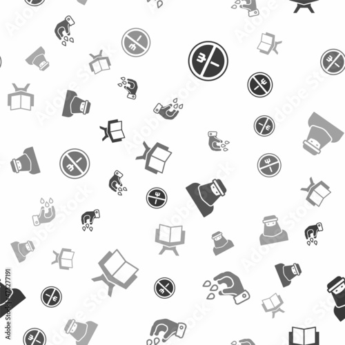 Set Ramadan fasting, Wudhu, Muslim woman niqab and Holy book of Koran on seamless pattern. Vector