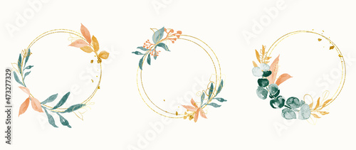 Abstract watercolor floral frame background vector.  Watercolor invitation design with leaves, flower , gold geometric frame and watercolor brush strokes. Vector illustration.