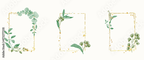 Abstract watercolor floral frame background vector.  Watercolor invitation design with leaves, flower , gold geometric frame and watercolor brush strokes. Vector illustration.
