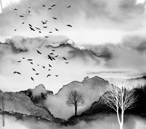 watercolors on paper - textured background with torn paper edges with silhouettes birds and trees - art landscape