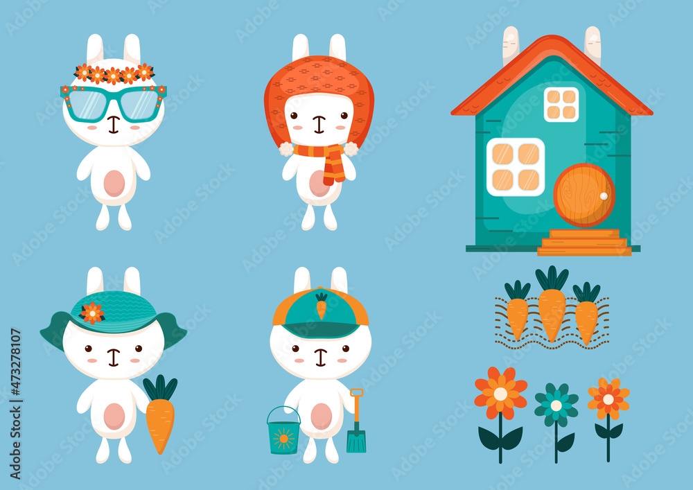 Vector collection of cute cartoon little rabbits in kawaii style