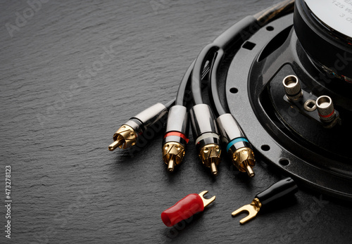 Acoustic speaker with connectors, electrical plugs for speaker wires with, connectors close-up on a black background
