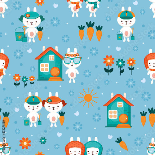 Beautiful seamless vector background for kids with cute cartoon little rabbits in kawaii style and a house of a bunny.