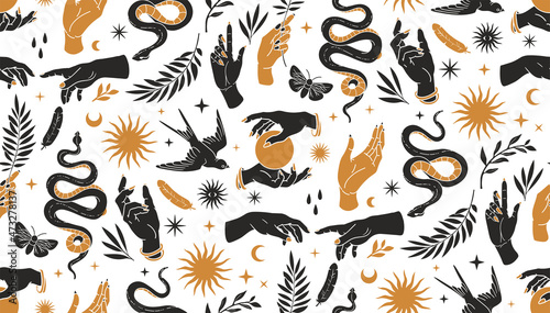 Boho mystical seamless pattern with hands, snakes, moon, sun, bird, moth and floral elements in trendy tattoo style.