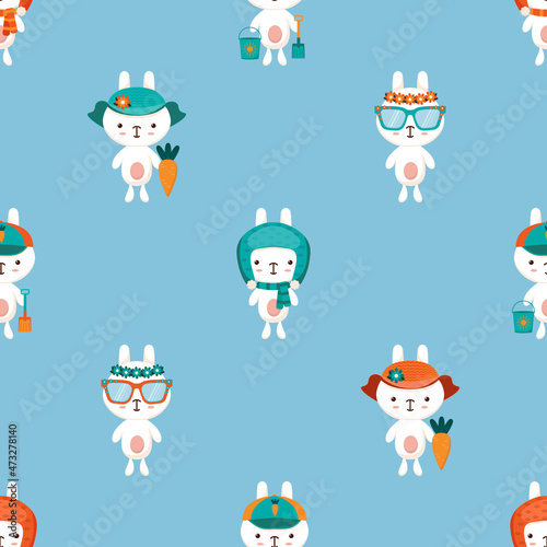 Seamless vector pattern with rows of cute little rabbits in hats