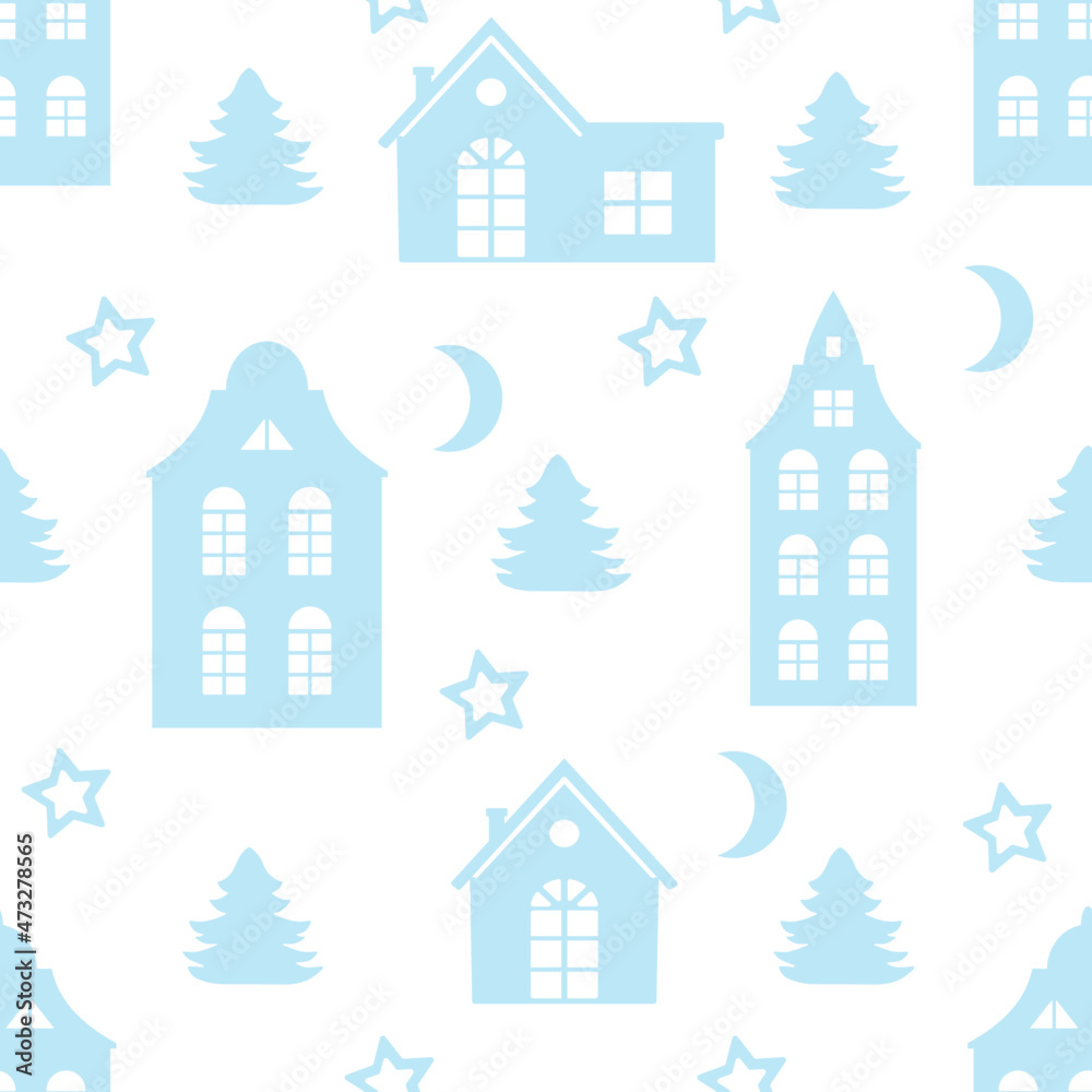 Vector seamless pattern winter landscape with houses. Paper cut design. Set of patterns