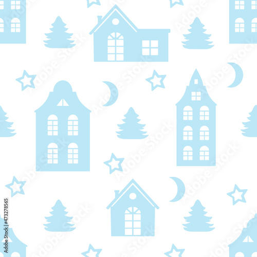 Vector seamless pattern winter landscape with houses. Paper cut design. Set of patterns