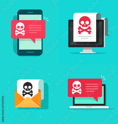 Malware virus ransomware attack warning alert online on mobile cell phone vector or spyware email fraudulent caution on computer screen as internet security threat vector flat cartoon illustration