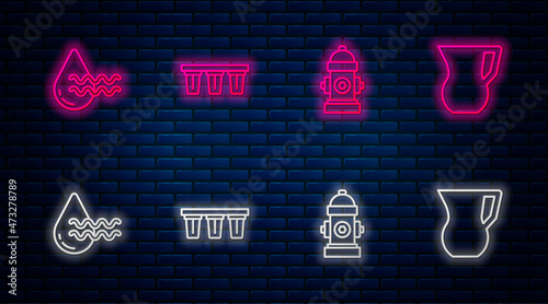 Set line Water filter, Fire hydrant, Recycle clean aqua and Jug glass with water. Glowing neon icon on brick wall. Vector