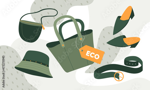 Green eco fabric accessories with orange tag.Cactus eco-leather concept. Vector illustratio