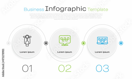 Set line Scooter, Location with taxi and Laptop call service. Business infographic template. Vector