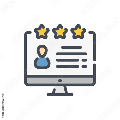 Online feedback and Customer satisfaction color line icon. Computer with person and stars vector outline colorful sign.